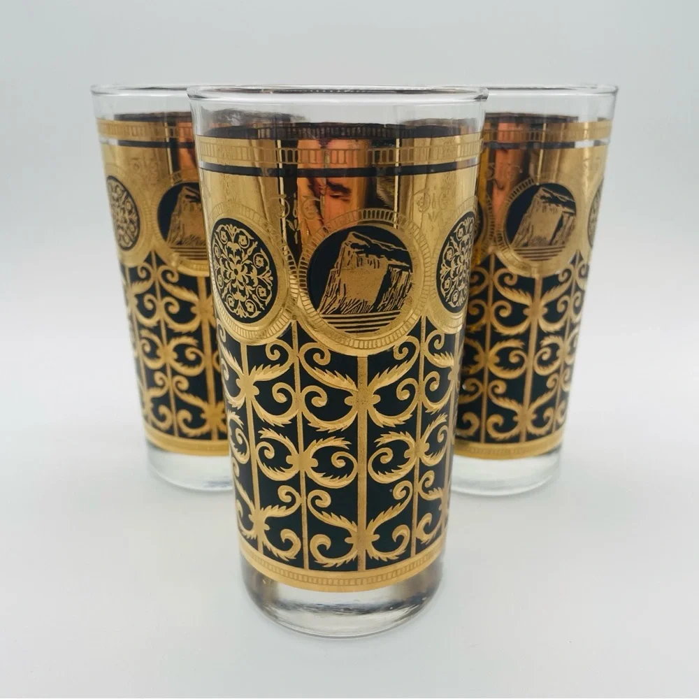 Set of 3 Libbey Prudential Rock of Gibraltar Black Gold MCM Highball Glasses VTG